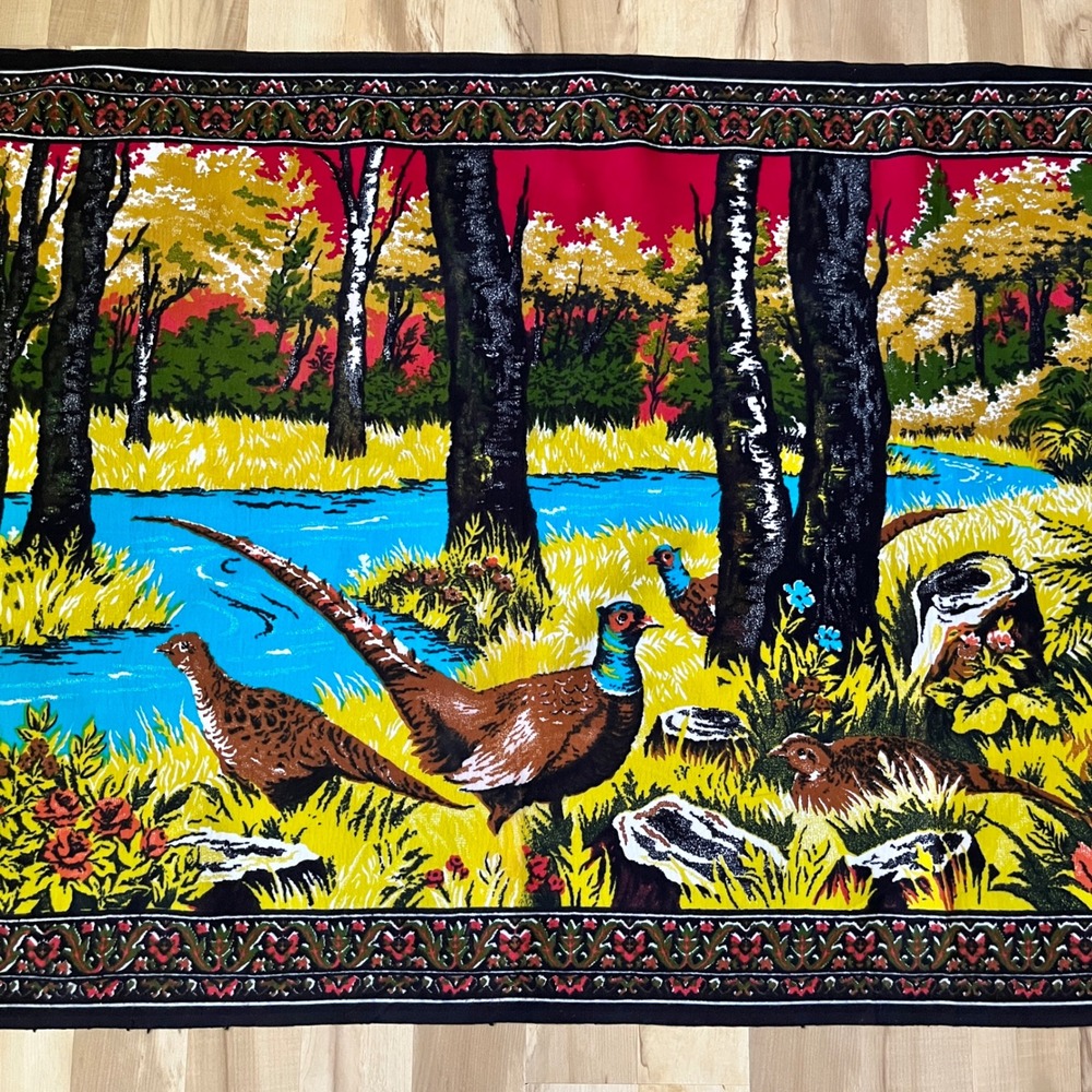 Vintage Tapestry Wall Hanging Pheasant Woodland 70s Lodge 57.5" x 38" Retro